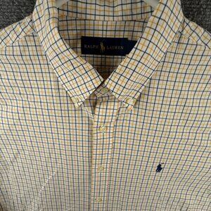 Ralph Lauren XL Men Woven Button Up Shirt Long Sleeve Yellow Blue Check Cotton